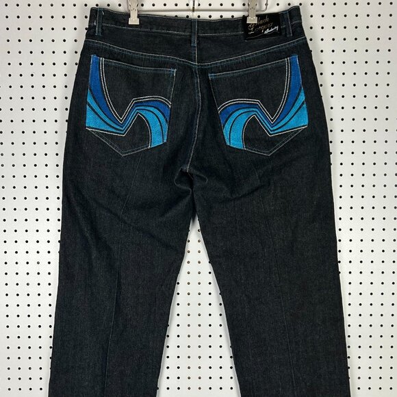 Black Lacquer Y2K Embroidered Jeans 38x31 Skater Punk Streetwear Black Goth 90s - Picture 2 of 7